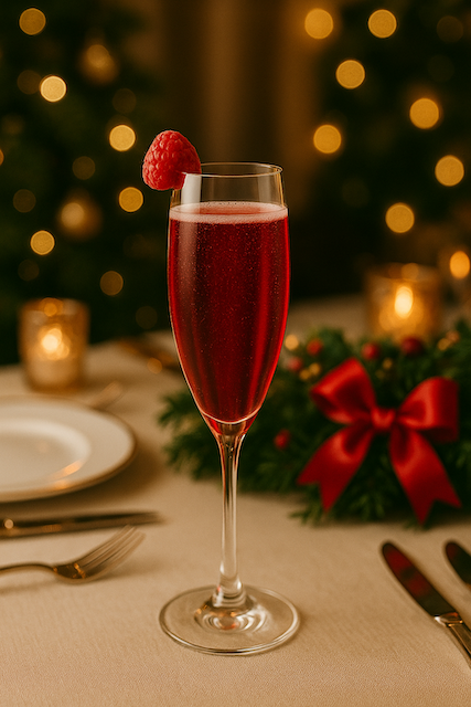 カクテルの赤と泡の輝きが美しいキールロワイヤル